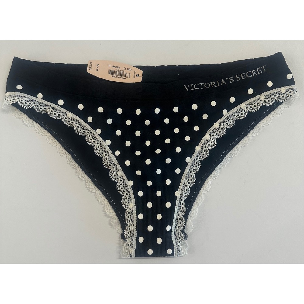 Victoria's Secret Cheekini Panties M NWT Black White Polka Dot Lace 2013